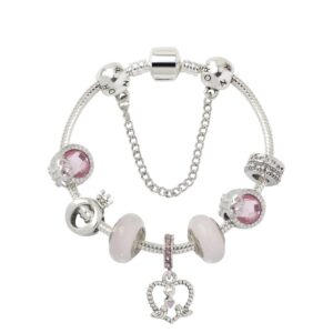 SL85 Colored Glaze Large Hole Bead Bracelet Alloy Pink Series Love Bird Pendant Bracelet,Size:, 17cm, 18cm, 19cm, 20cm