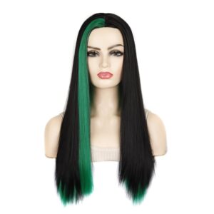 Fashion Medium Haircut Side Bangs Highlight Color Long Straight Wig, Black Ink Green, Black Royal Blue, Black Light Purple, Black Volet, Black Rose Red, Black Pink