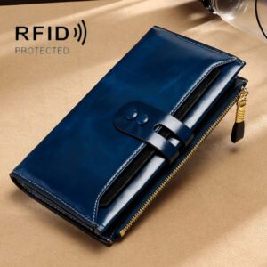 Leather Lady Wallet Multi-Card Slot Retro Oil Wax Leather Wallet Long Type RFID Anti-Theft Brush Clutch, Brown, Royal Blue, Rose Red, Purple, Black, Wine Red