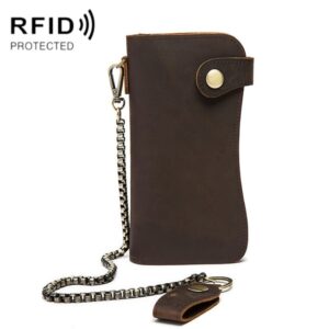 B161 RFID Retro Anti-Degaussing Iron Chain Leather Wallet, Dark Brown, Yellow Brown Embossed Dragon, Brown Embossed Tiger