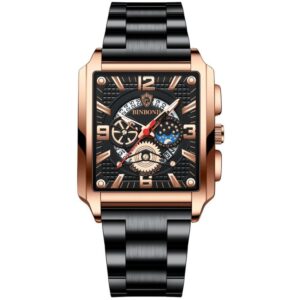 BINBONG B6575 Men Vintage Square Multifunctional Waterproof Luminous Quartz Watch, Black-Rose Gold-Black-Rose, Black-Black-Black-White, Black-Black-Black-Rose, Full Gold-Black, White-Black, White-White, Brown Leather-Rose Gold-Black...
