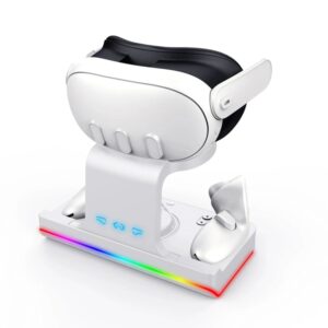 For Meta Quest 3 Headset Charging Base with Dazzle Lights VR Grip Charging Stand, White, Black