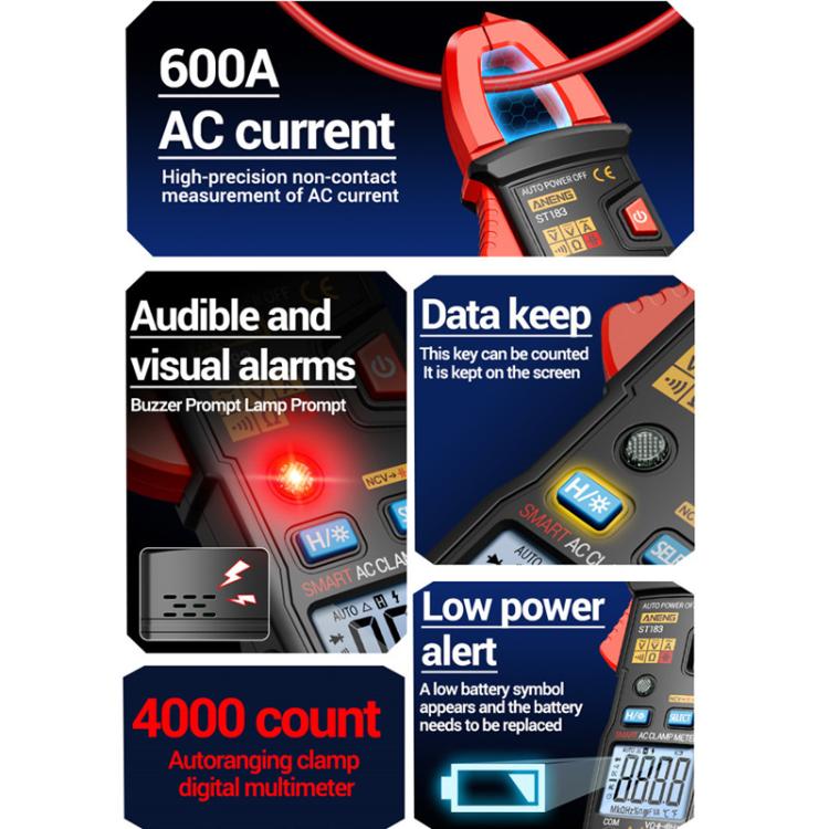 ANENG ST183 600A Digital Clamp Meter With NCV, 4000 Counts, Tests Continuity/Resistance/Capacitance/Diode, Audible & Visual Alarm - Image 3