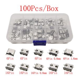 100pcs /Box  Assorted USB Type C Female Connectors, 10 Variations 6P/16P SMT & Through-Hole Sockets, USB 3.1 Fast Charge