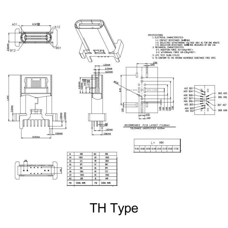 10pcs 16-Pin USB Type-C Female Connector PD Fast Charge Port, TH 9.3mm, TH 10.0mm, TH 10.5mm, TH 13mm, TH 13.7mm, TH 15mm, TH 16.5mm, TH 17.5mm, TH 18.5mm, SMT 9.3mm, SMT 13.0mm, SMT 13.7mm, SMT 15.0mm, SMT 17.5mm, SMT 18.5mm - Image 2