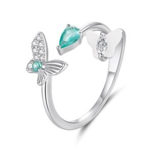 White Gold Plated Mother-Of-Pearl And Zircon Butterfly Double-Layer Adjustable Opening Ring