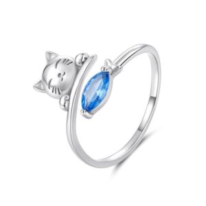 Copper-plated White Gold Cat Eating Fish Cute Open Ring