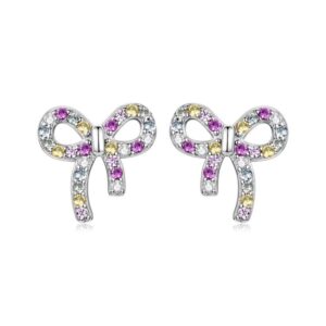 S925 Sterling Silver Sweet Bow Colorful Zirconia Stud Earrings