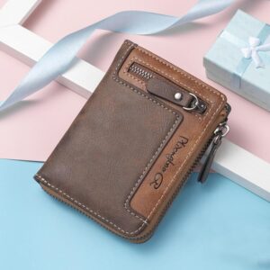 Mens Zipper Wallet Bifold Vintage PU Leather Card Holder with Coin Pocket, Multi Card Slots ID Window Large Capacity Zip Around Pocketbook for Men