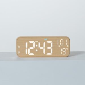 Modern LED Digital Desk Clock with Temperature Date, Silent Alarm Clock with Dual Alarm, 5801 Yellow Wood Grain, 5801 Grey Fabric, 5802 Yellow Wood Grain, 5802 Grey Fabric