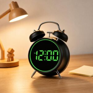 Retro Twin Bell Digital Alarm Clock Loud Bedside Clock with Colorful Glowing Ring Silent LED Desktop Clock with USB & Battery Backup