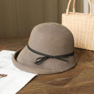 Vintage Straw Sun Hat for Women Foldable Retro Cloche Hat with Ribbon Bow Adjustable Summer Beach Cap