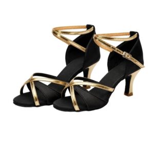 Womens Latin Dance Shoes Satin Strappy Ballroom Salsa Dancing Shoes 2-Inch Mid Heel Suede Sole Sandals, 34, 35