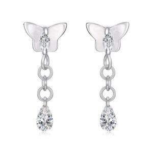 S925 Silver Earring Studs With White Gold Plated Copper Butterfly Teardrop Tassel Earrings, YIE342