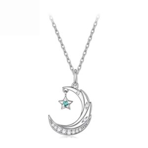 Star And Moon Necklace Copper Plated With White Gold Clavicle Chain, YIN133