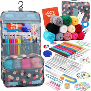 130 In 1 Crochet Kit for Beginners Crochet Hooks Set with 12 Colors Yarn, Hanging Storage Bag, 130 In 1