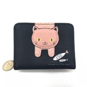 Women Cute Cat Wallet Small Zipper Wallet PU Leather Coin Purse Card Holder, Cat Black, Cat Blue, Cat Green, Cat Pink, Cat Rose Red