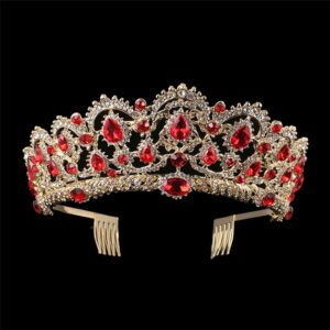 Crystal Tiaras Vintage Gold Rhinestone Pageant Crowns With Comb Baroque Wedding Hair Accessories, Gold Blue, Gold Green, Gold Red, Silver Green, Silver Red, Silver Blue