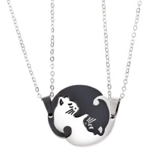 Couples Jewelry Necklaces Titanium Steel Animal Cat Pendants Necklace, White and Black Cat with Metal Chain, White and Black Cat with Leather Cord