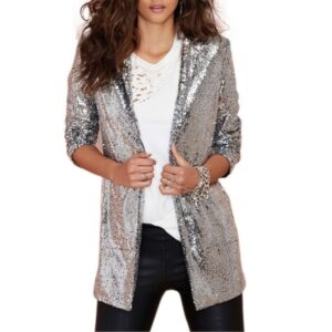Women Sequined Suit Jacket Without Buckle Stage Clothing(Color:Black Size:XXL), S, M, L, XL, XXL