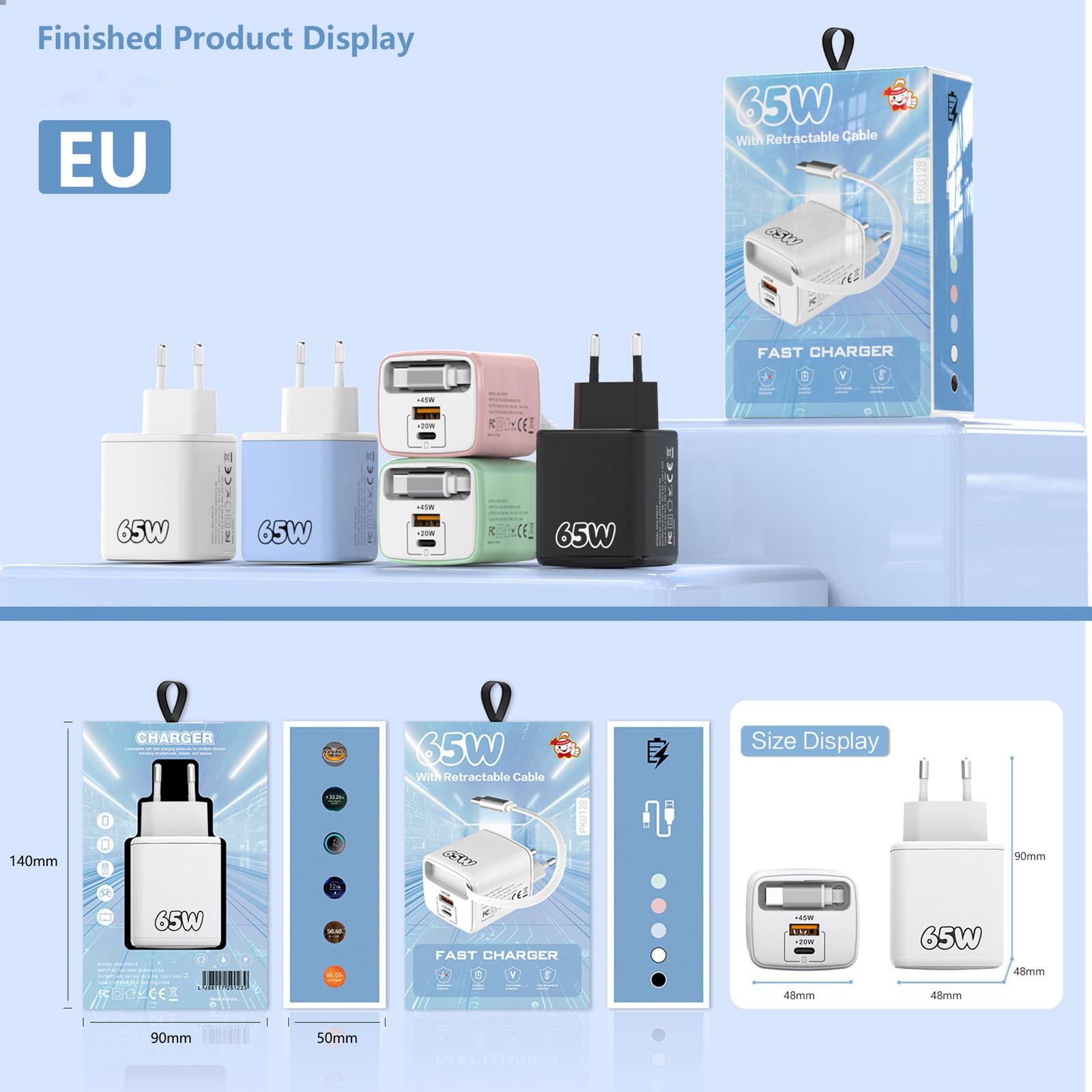65W GaN Fast Charger with Built-in Retractable Type-C Cable & Dual Ports - Image 2