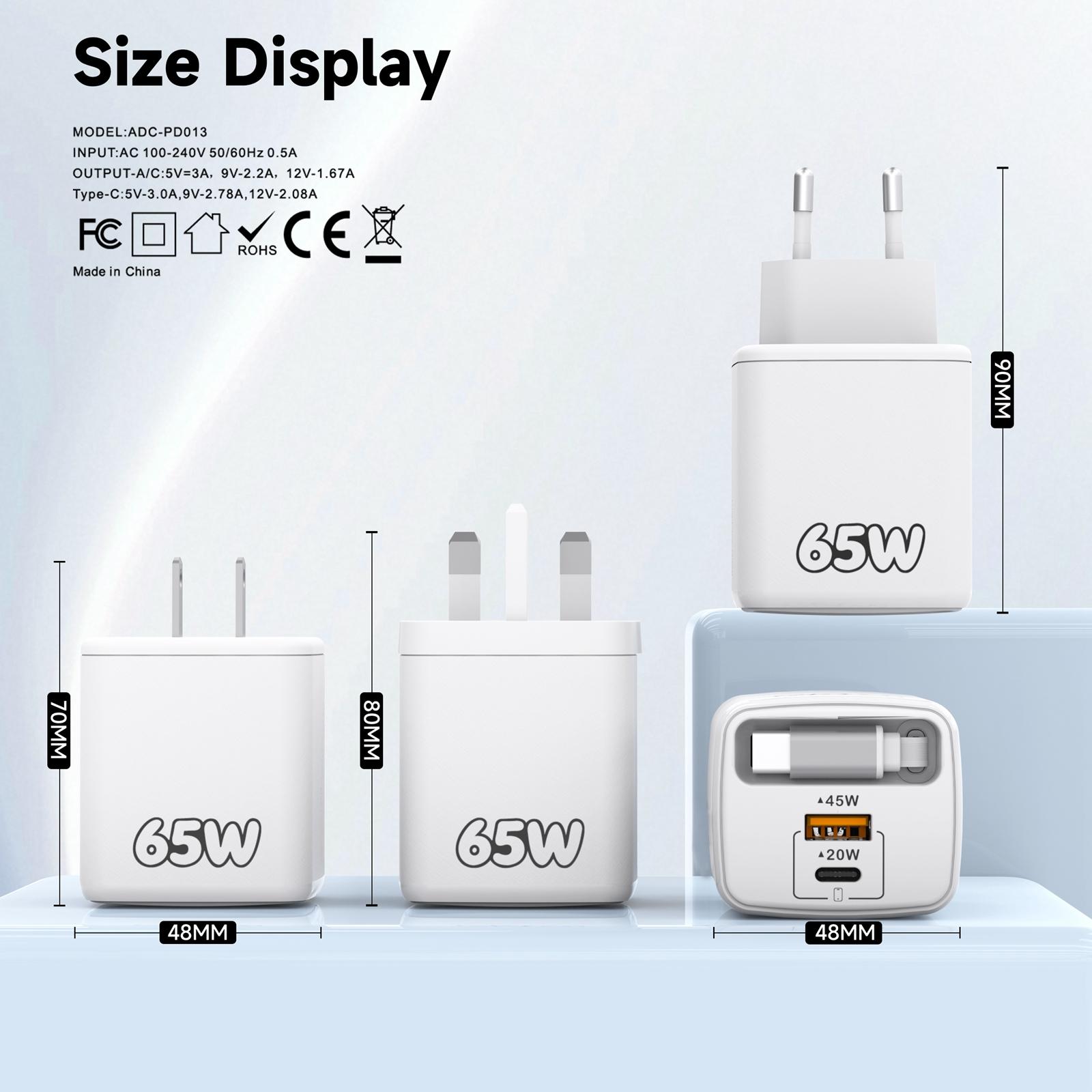 65W GaN Fast Charger with Built-in Retractable Type-C Cable & Dual Ports - Image 4