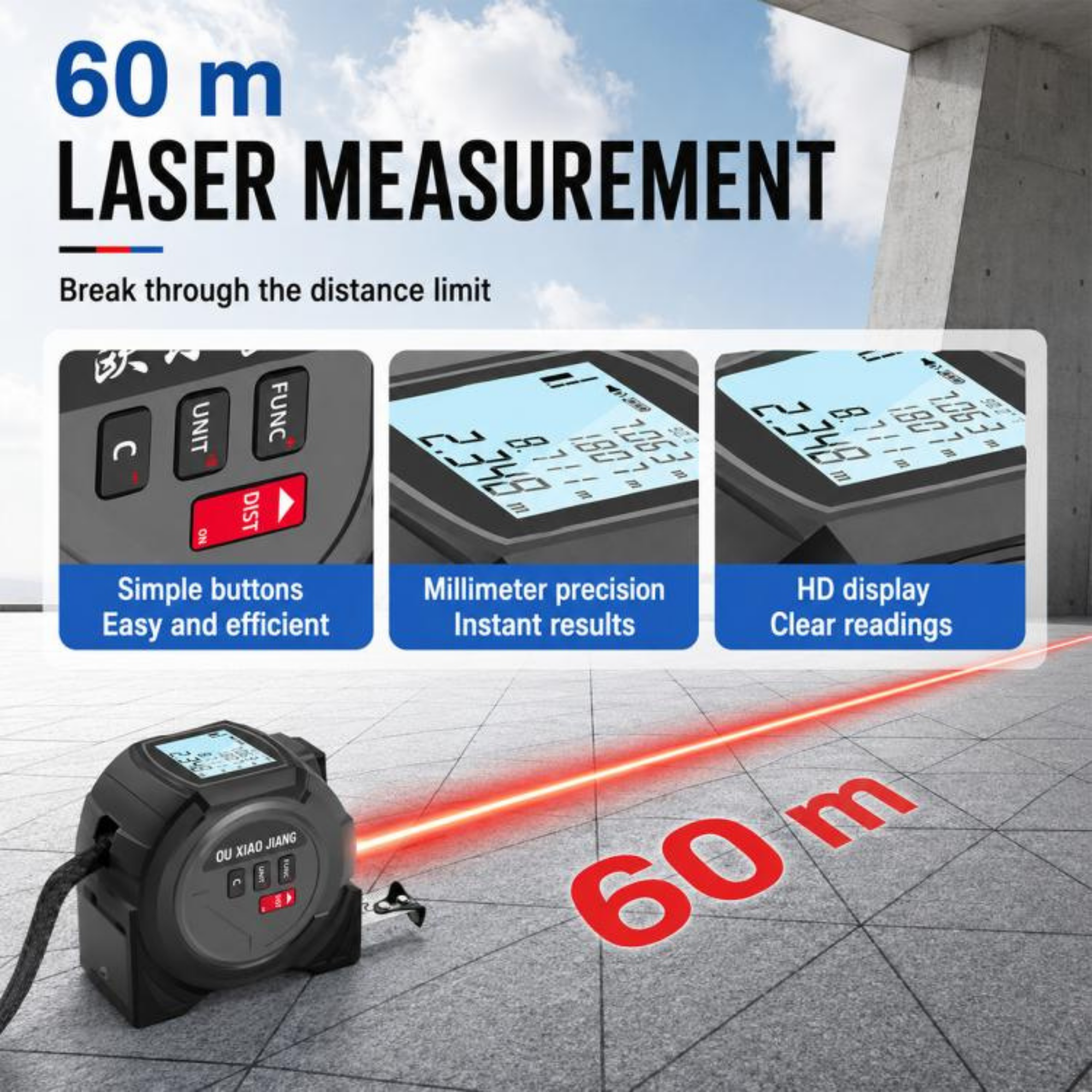 OUXIAOJIANG 3-in-1 40M Digital Laser Measure, Cross Line Laser Level & 5M Steel Tape Measure – High-Precision Electronic Distance Meter with Backlit LED Display - Image 5
