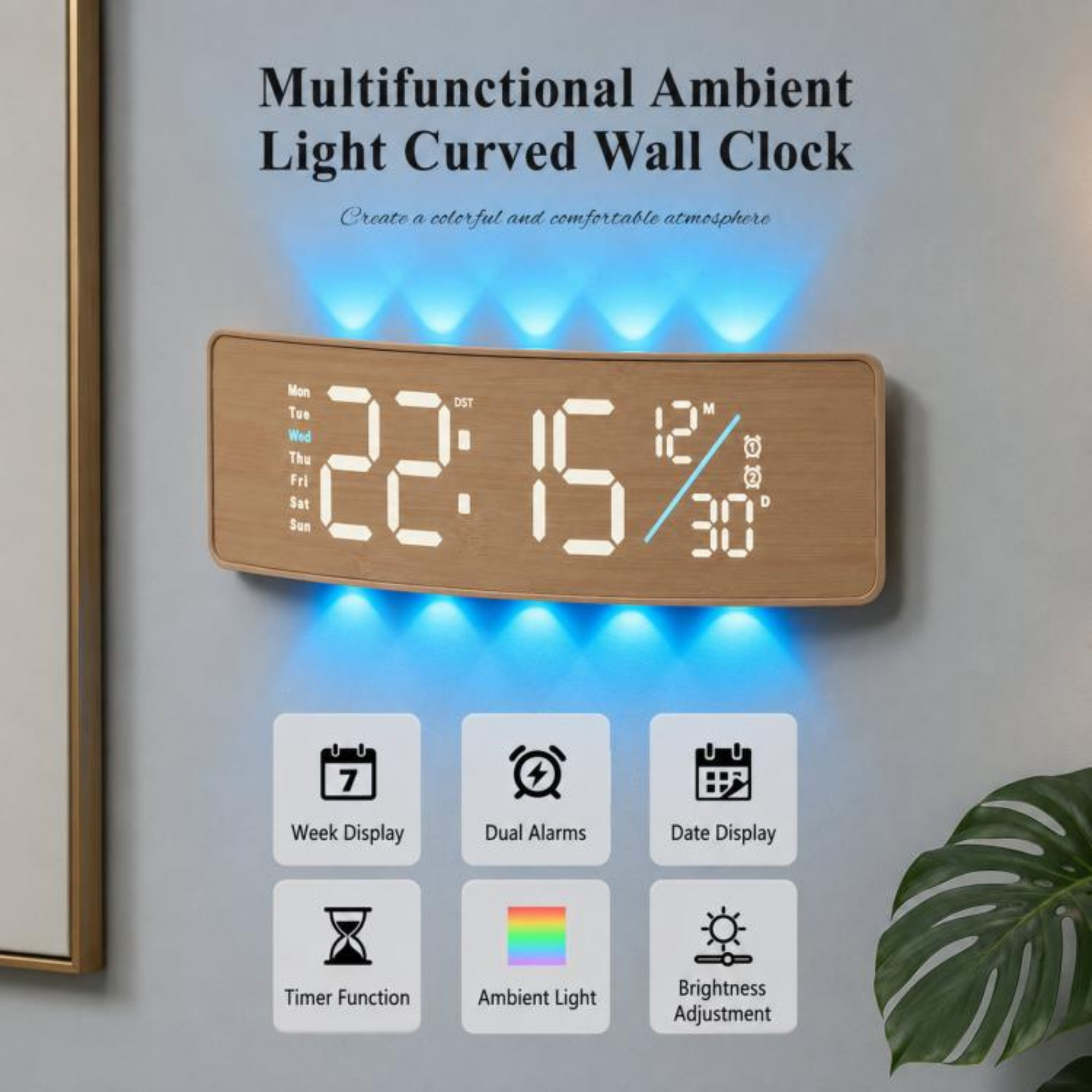 Curved Digital LED Wall Clock with RGB Ambient Backlight - Image 3