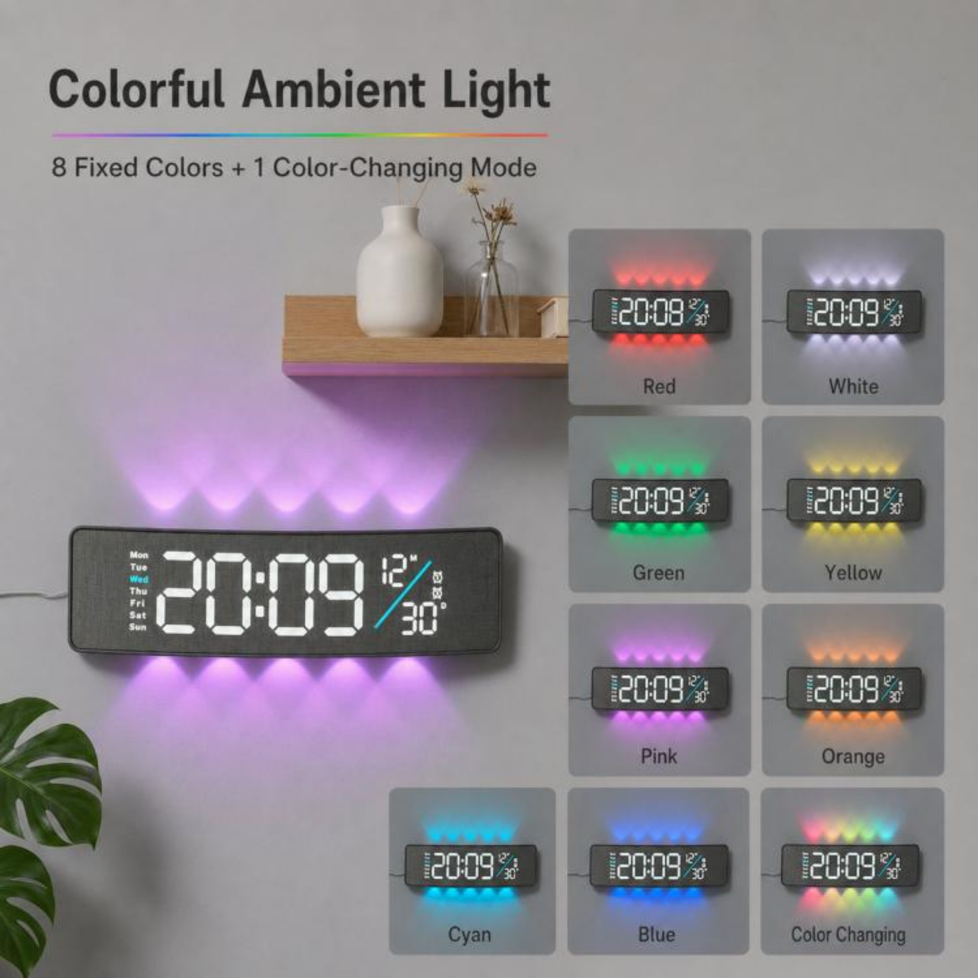 Curved Digital LED Wall Clock with RGB Ambient Backlight - Image 6